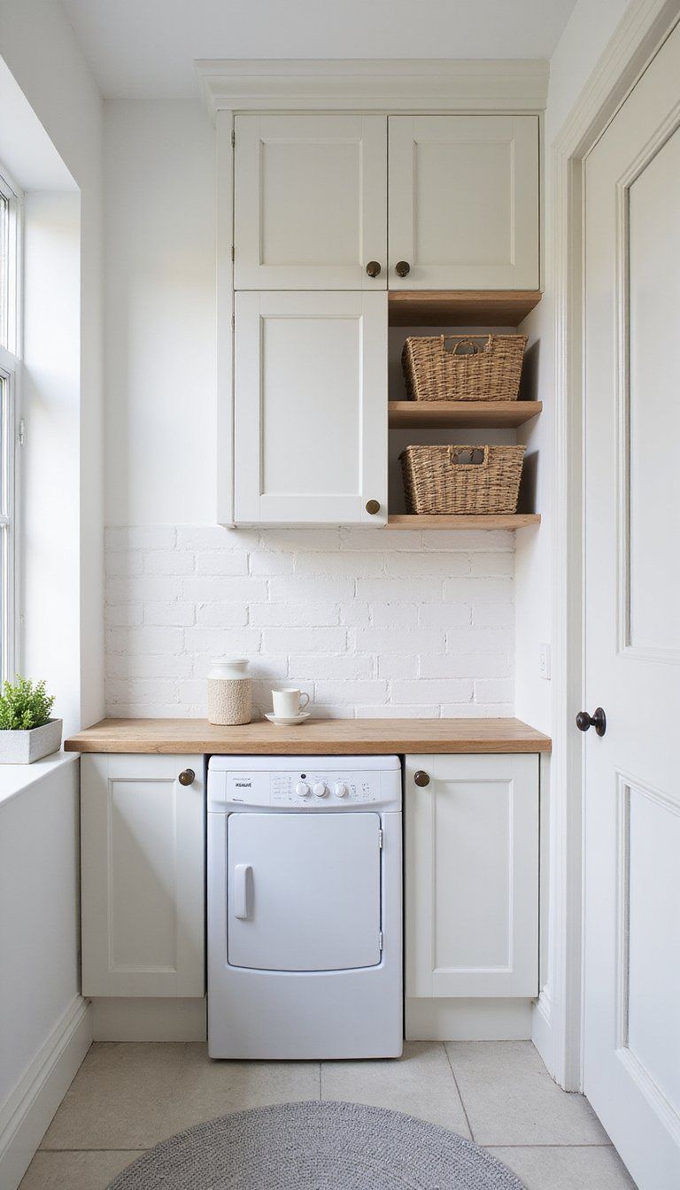 Bright Minimalist Laundry Nook With Open Shelves