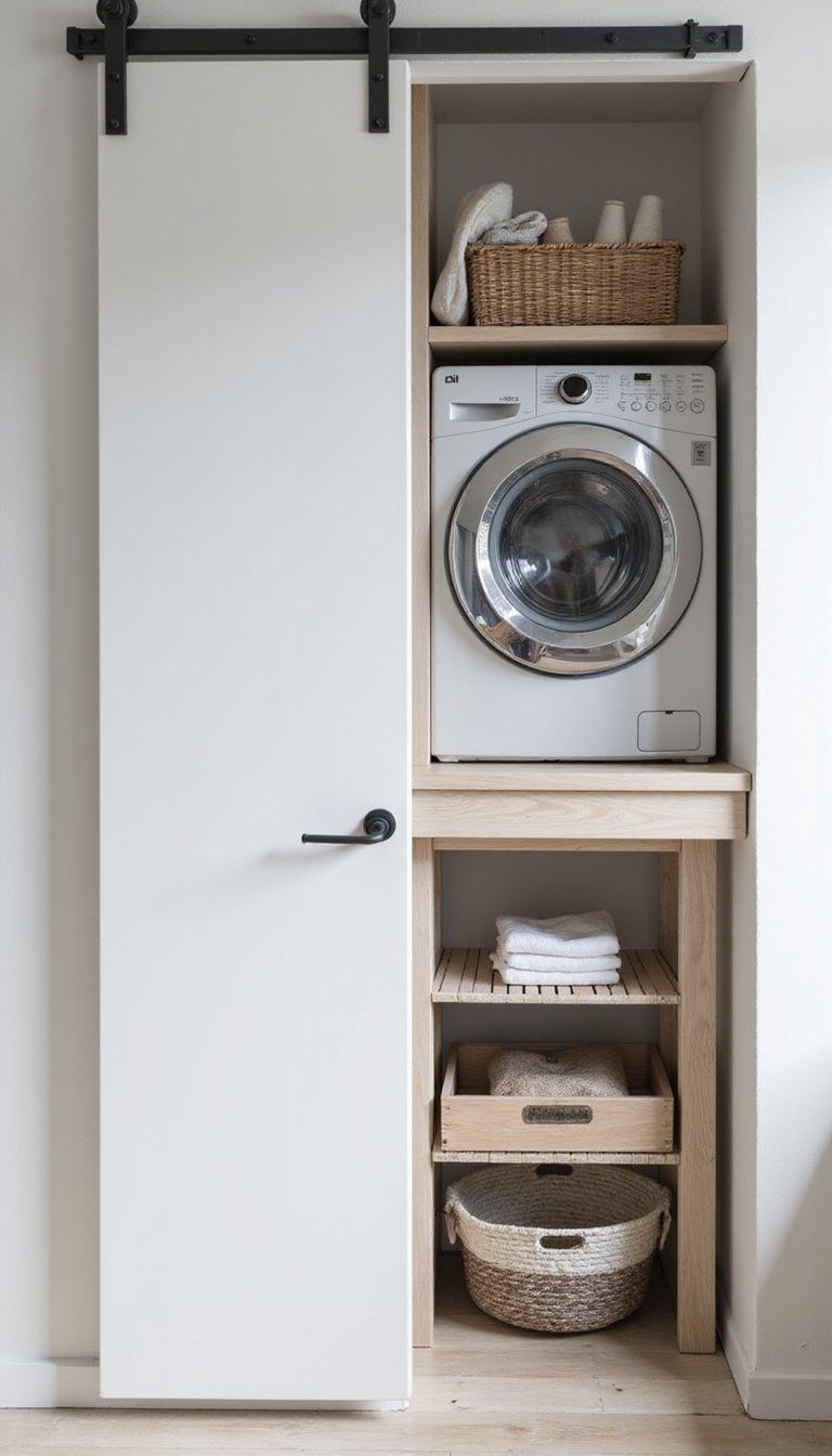 Compact Stackable Washer Nook With Sliding Door