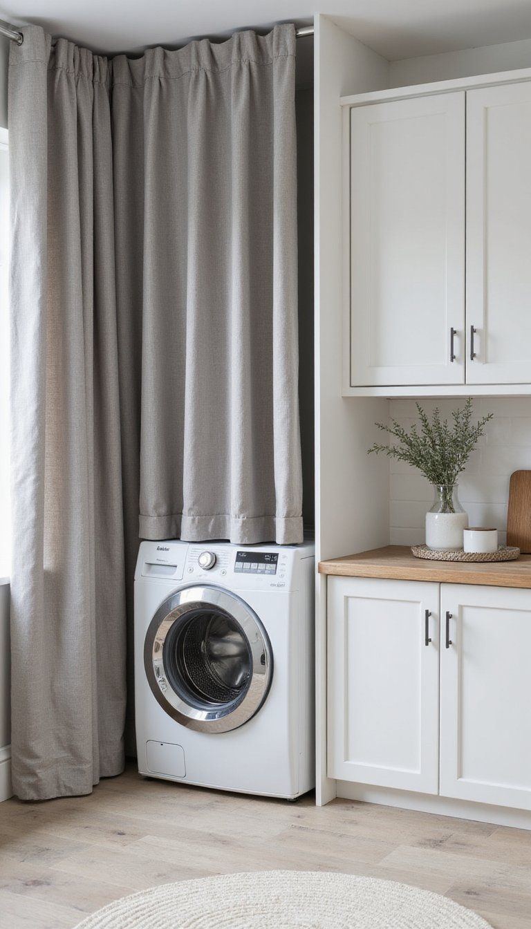 Soft Gray Linen Curtains For Hidden Drying Space