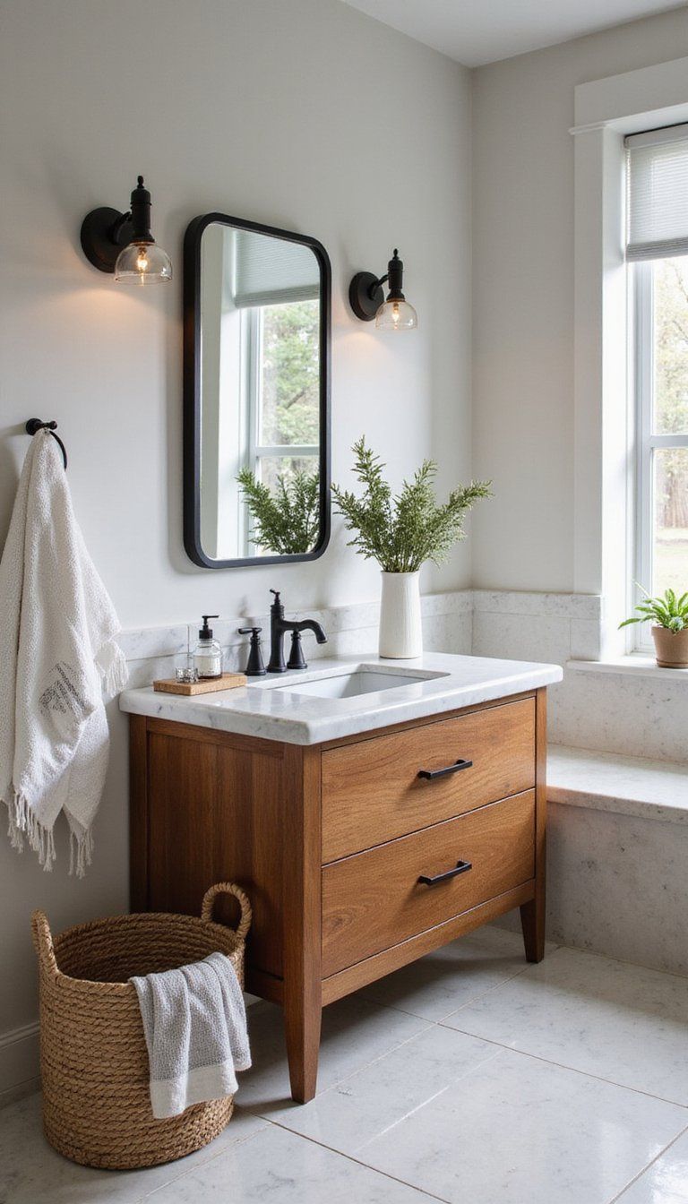 Bathroom With Marble Accents And Warm Wood