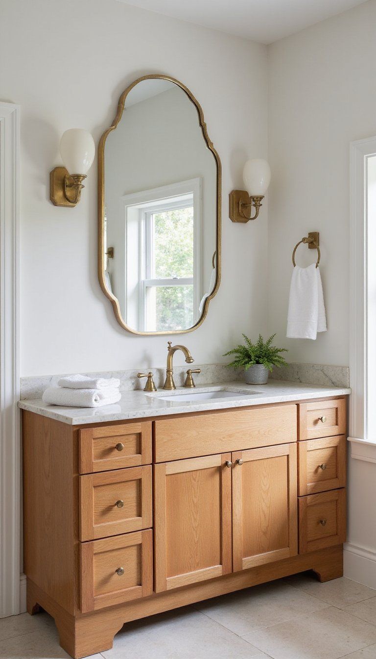 Polished Travertine Vanity Top With Warm Wood