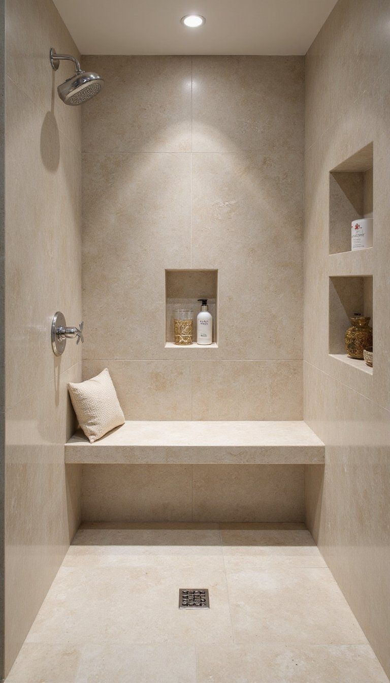 Spa Shower Bench In Travertine For Calm Mornings