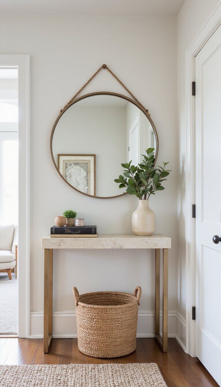 Travertine Entry Console With Sculptural Mirror