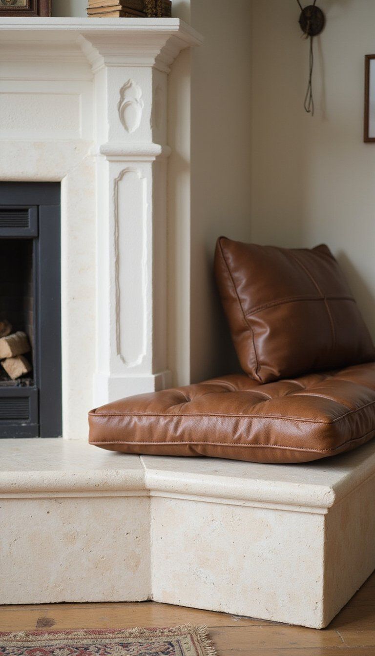 Travertine Fireplace Hearth Bench Seating Idea