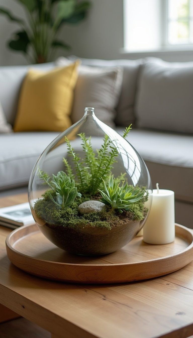 Glass Terrarium Centerpiece On Wooden Tray