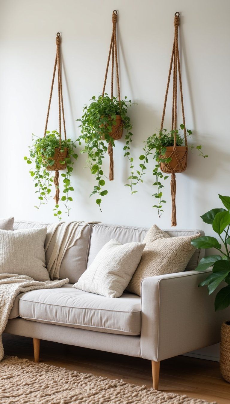 Hanging Macrame Planters Over Cozy Sofa