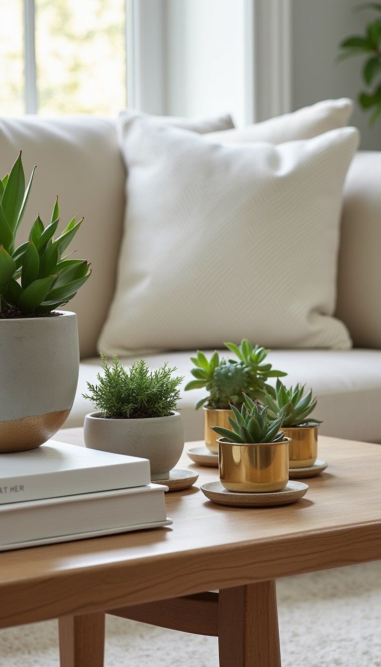 Mixed-Material Planters On Low Coffee Table