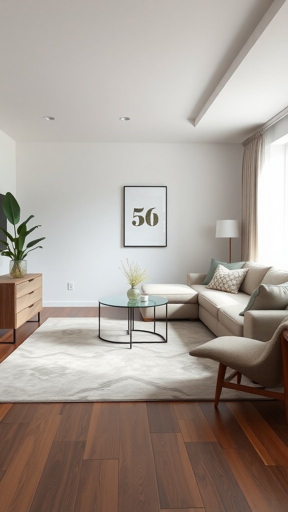 Minimalist living room featuring a soft, elegant rug, modern furniture, and a warm color palette.