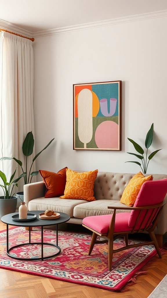 A small living room featuring a light sofa with colorful pillows, a pink accent chair, plants, and vibrant artwork on the wall.