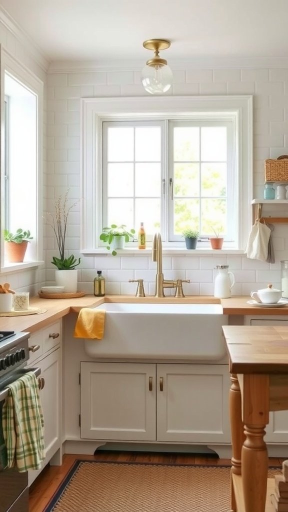 A bright kitchen featuring a farmhouse sink with brass fixtures and wooden countertops