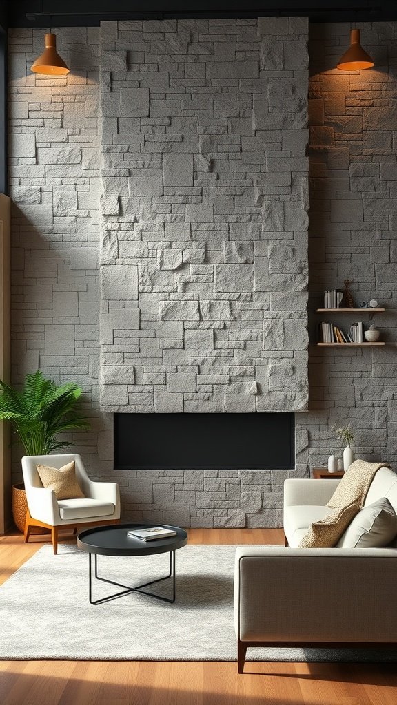 Living room with a textured stone accent wall and modern furniture