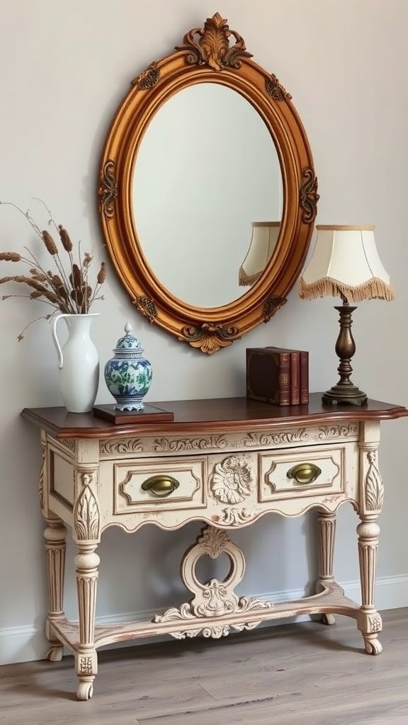 An antique wooden console table with intricate carvings, a vintage mirror above it, and decorative items on top.