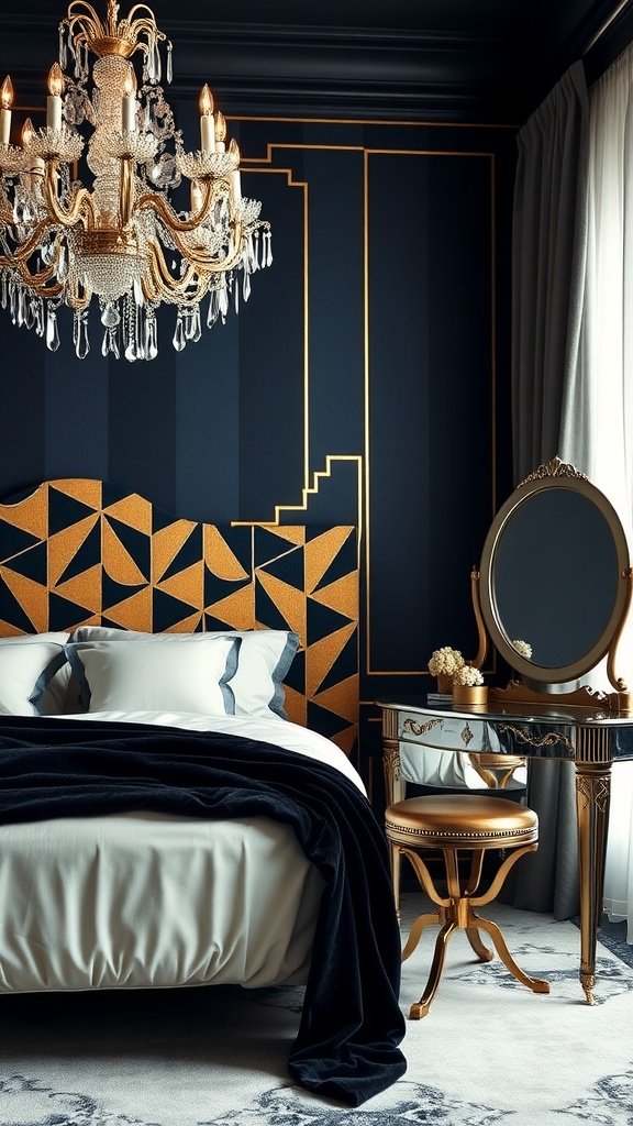 Art Deco-inspired bedroom with geometric patterns and elegant decor