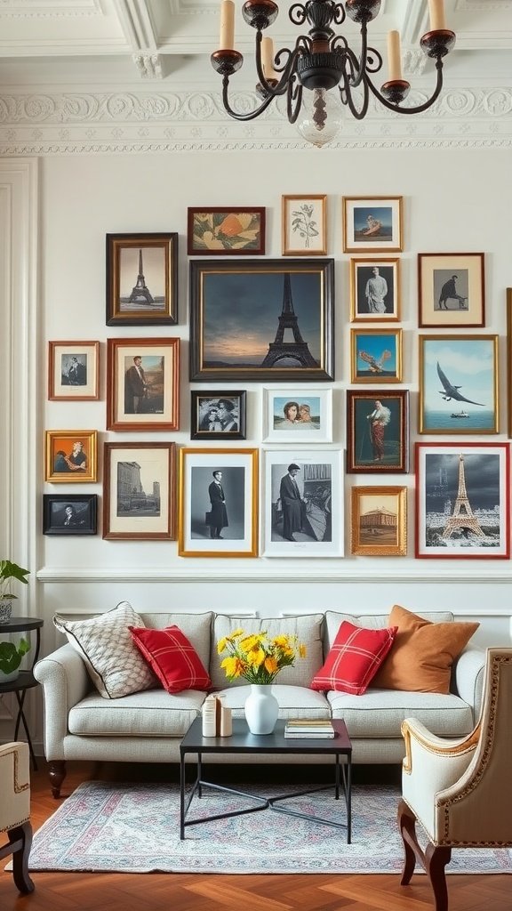 Gallery wall featuring an assortment of framed art and photographs in a cozy living room setting.