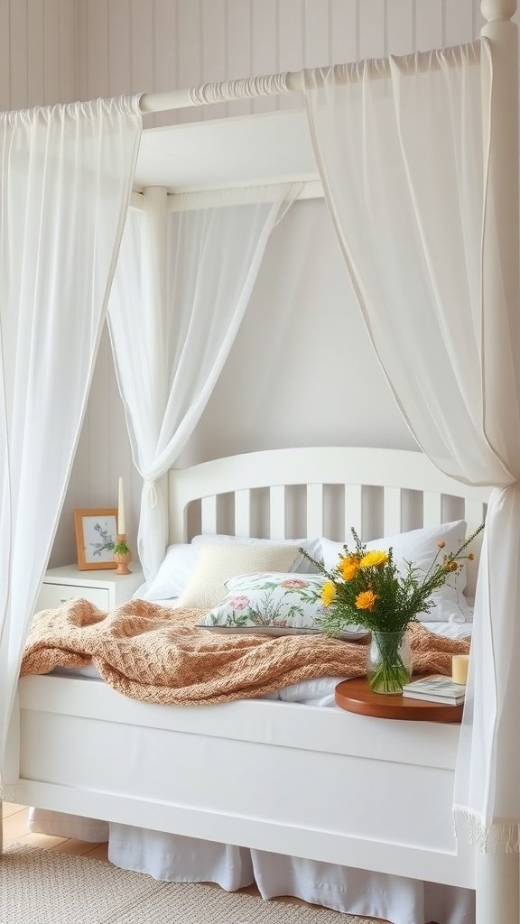 Cozy canopy bed with sheer curtains and decorative pillows.