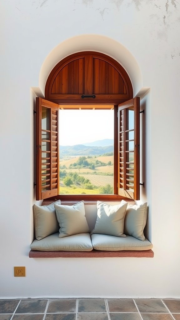 A picturesque window seat with cushions, framed by open wooden shutters, overlooking a scenic landscape.