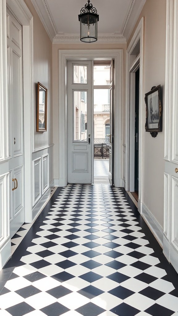 A hallway featuring a classic black-and-white checkered floor, with elegant architectural details and natural light.