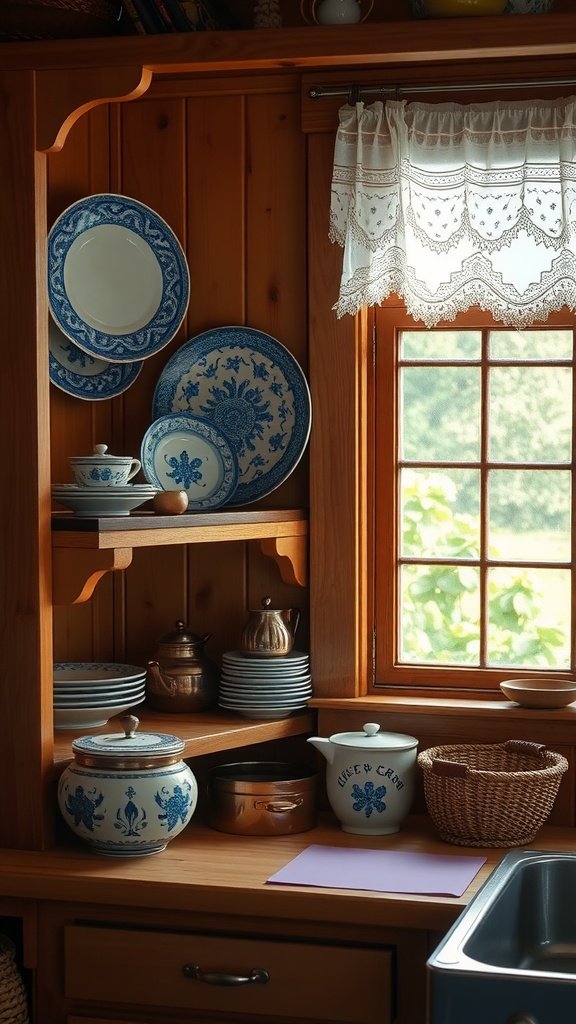 Cottagecore-inspired kitchen shelf with blue and white dishware, wooden accents, and a cozy window view.