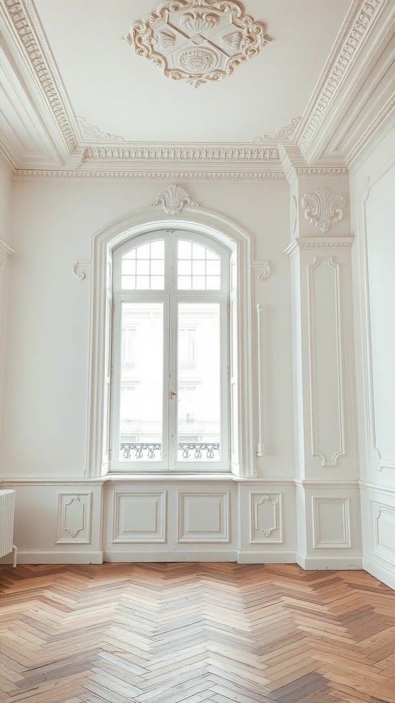 A bright room featuring elegant molding details around the windows and ceiling, with herringbone wooden flooring.