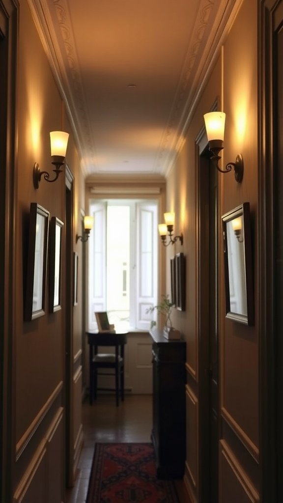 A well-lit hallway featuring elegant wall sconces on the walls, enhancing the decor