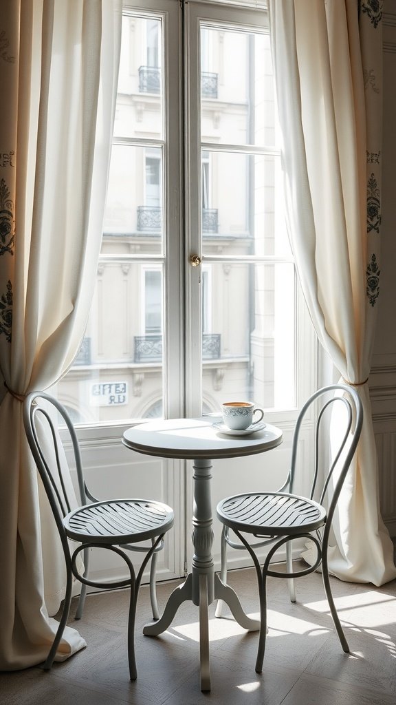 A cozy nook with two French bistro chairs and a round table, bathed in natural light from a large window.