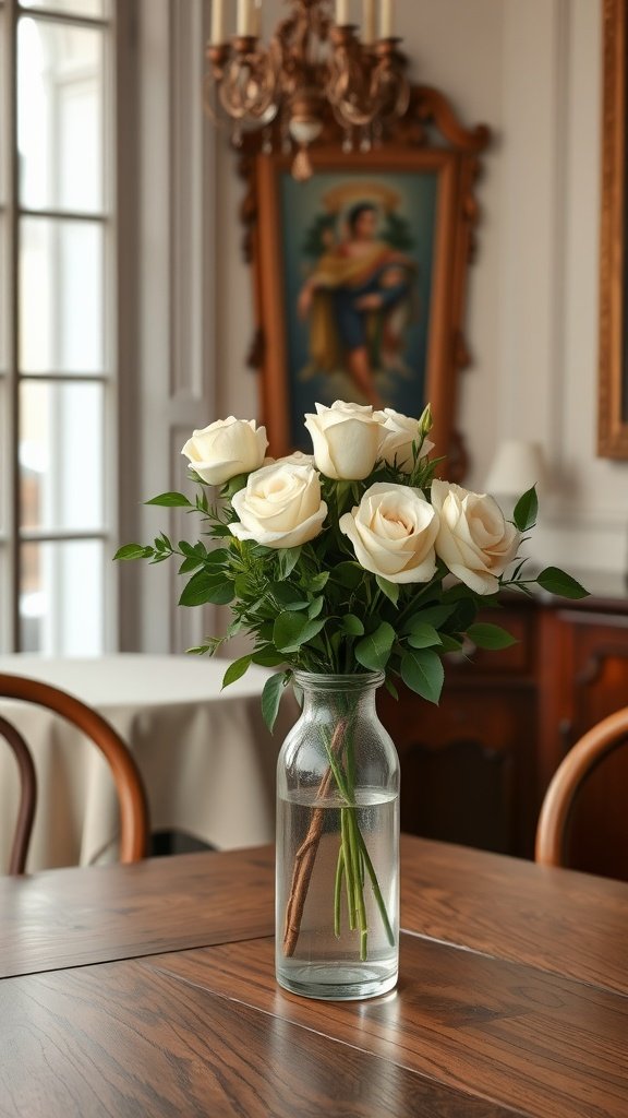A vase with fresh white roses on a wooden table, with a vintage background.