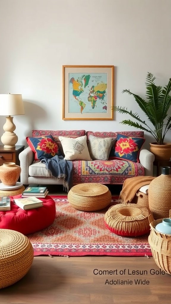 A cozy living room with global-inspired decor featuring colorful pillows, a map on the wall, and various seating options.