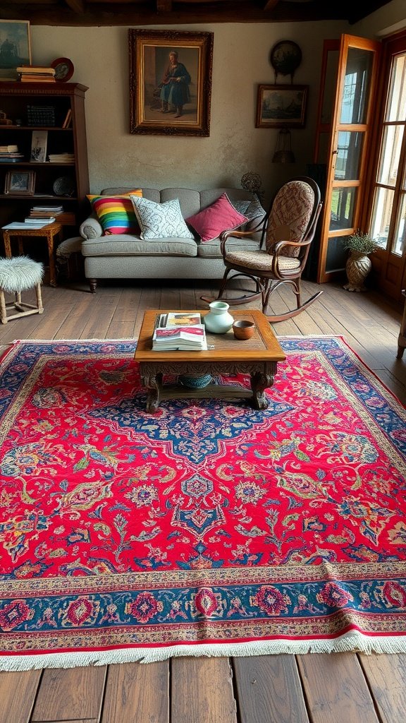 A cozy bohemian living space featuring a handwoven Persian rug, a comfortable couch with colorful pillows, and a wooden coffee table.