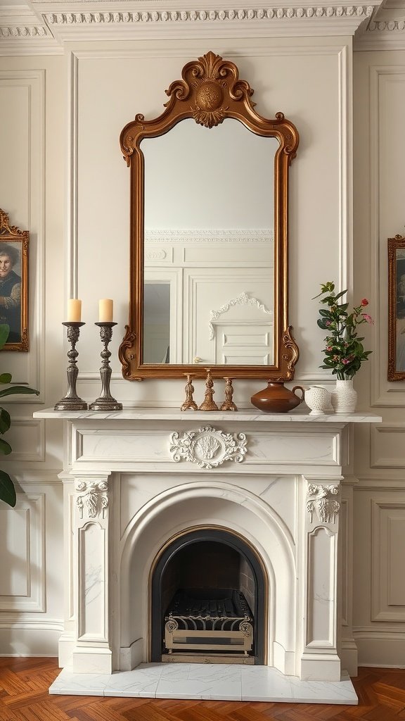Haussmannian-style fireplace with a mirror and decorative accessories