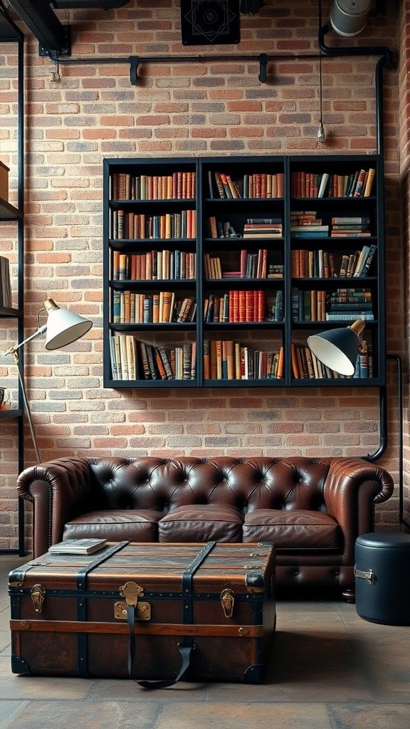 A cozy industrial-vintage loft corner with a leather sofa, a vintage trunk coffee table, and a bookshelf.