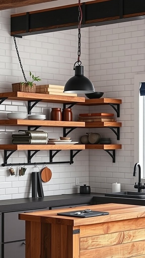 An industrial loft kitchen featuring open wooden shelves with black iron brackets, a wooden island, and stylish pendant lighting.