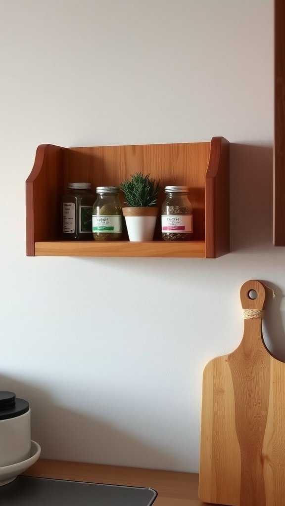 A wooden floating shelf in a kitchen displaying spice jars and a small potted plant