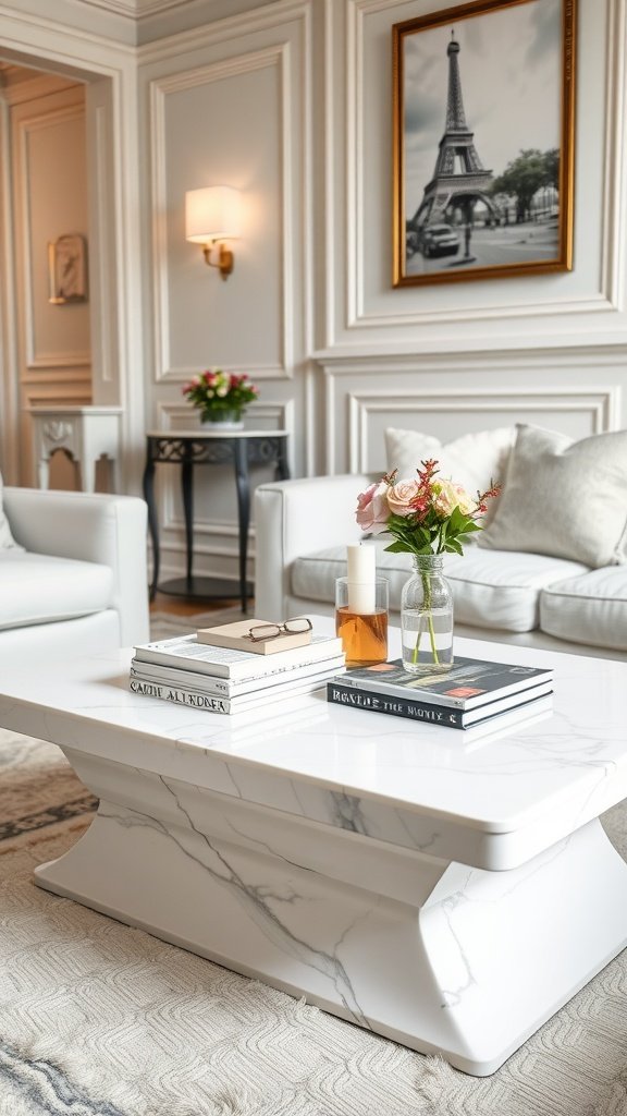 A stylish marble coffee table with books and flowers in a chic living room setting.