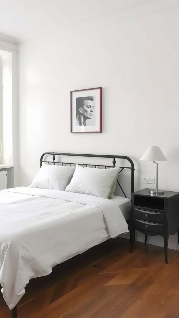 A minimal yet elegant bedroom with a black metal bed frame, crisp white bedding, and a striking art piece on the wall.
