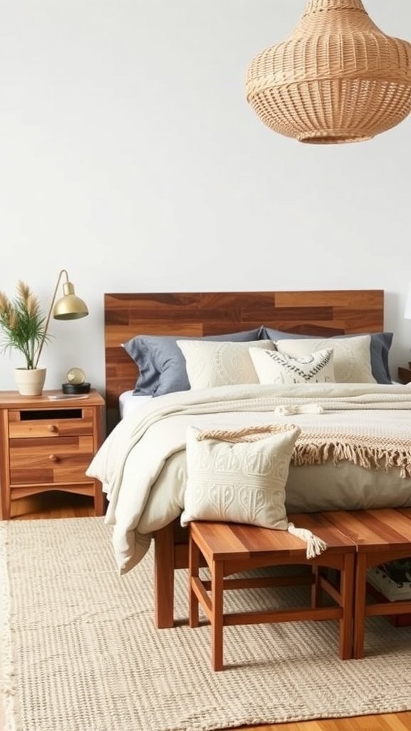 A cozy bohemian bedroom featuring natural wood furniture, with a wooden bed frame, side tables, and a woven pendant lamp.