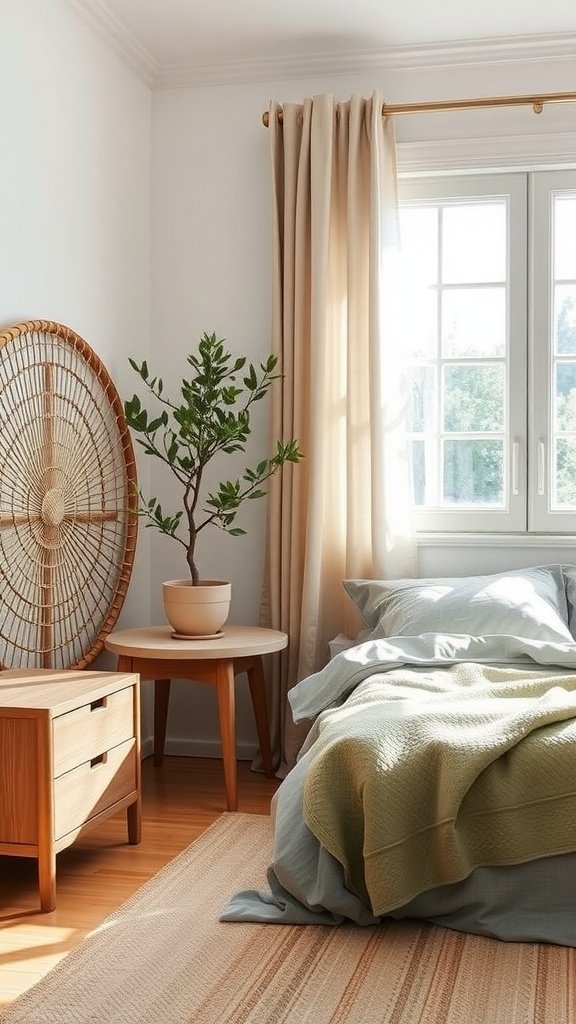 A cozy Scandinavian bedroom featuring natural materials, a plant, and soft bedding.