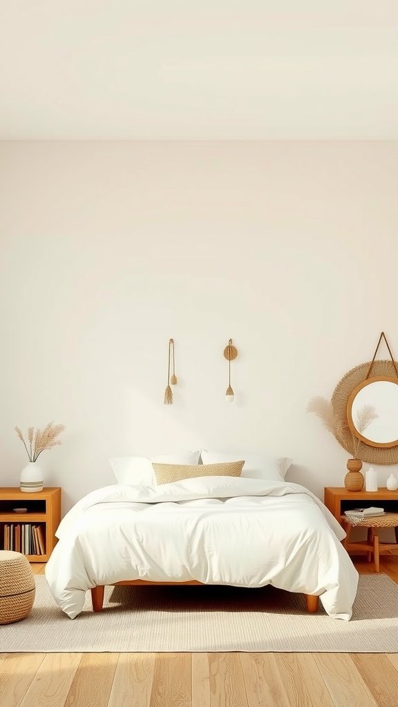 A serene boho bedroom featuring a neutral color palette with light bedding and wooden furniture.