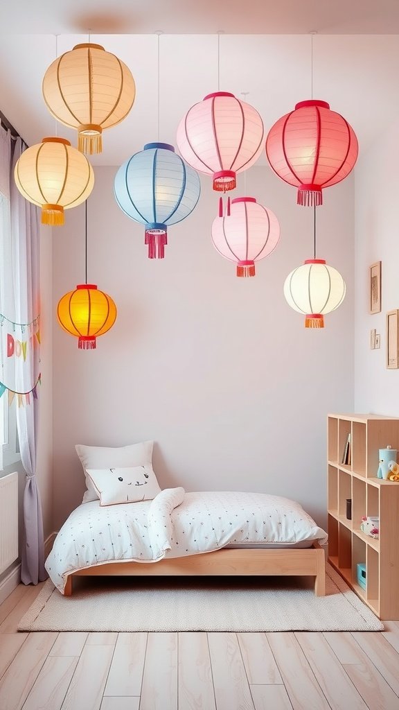 A cozy kids' room featuring colorful paper lanterns hanging from the ceiling.