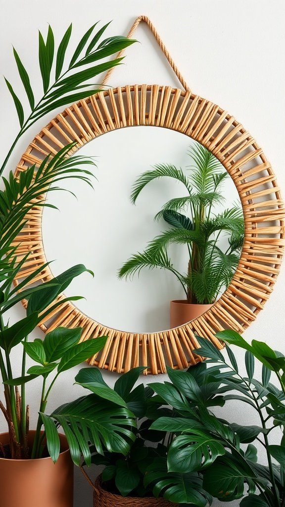 A rattan wrapped mirror surrounded by green plants.