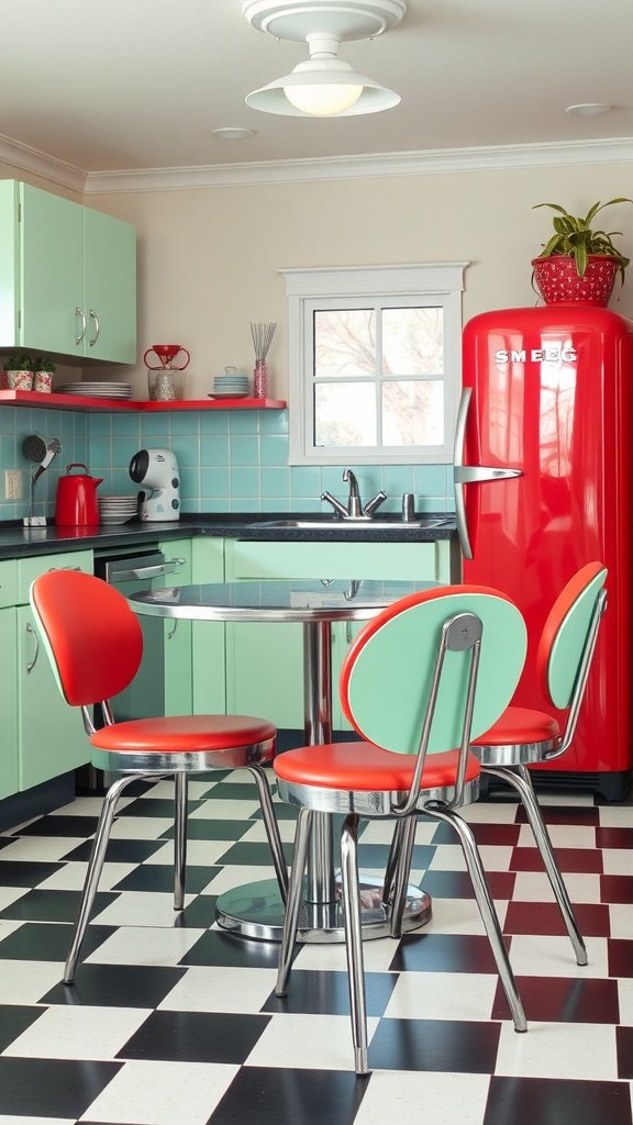 A retro 1950s kitchen featuring mint green cabinets, a red fridge, and diner-style seating.