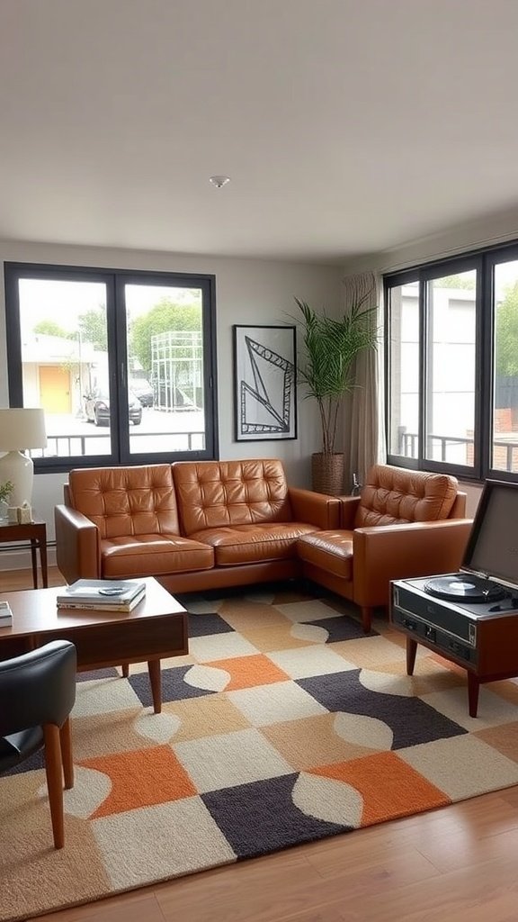 A stylish living room featuring a leather sofa, patterned rug, and vintage record player.