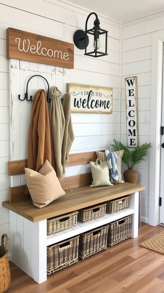 A rustic farmhouse entryway featuring wooden bench, decorative signs, and cozy textiles.