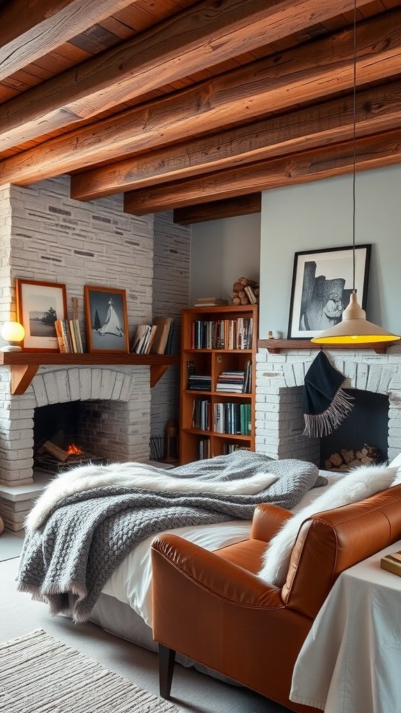 A cozy bedroom with rustic elements, featuring wooden beams, a leather couch, a gray blanket on the bed, and a fireplace.