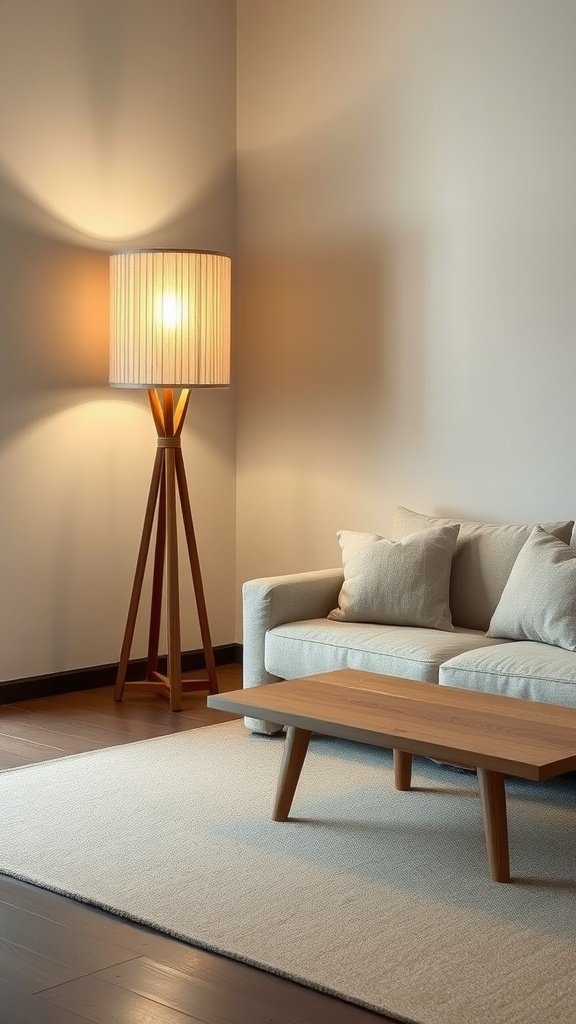 A serene living room with soft ambient lighting from a stylish floor lamp beside a light-colored sofa.