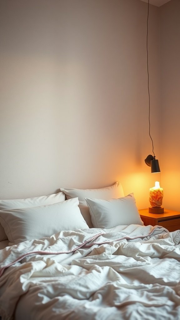 A cozy Scandinavian bedroom featuring soft mood lighting from a bedside lamp.