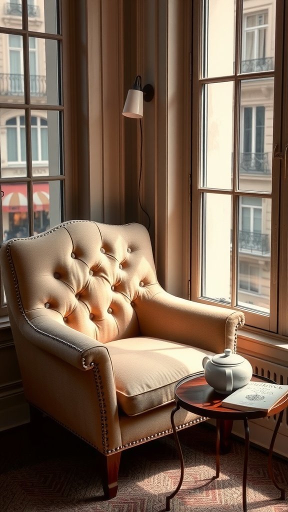 A cozy tufted armchair next to a window with a small side table and a teapot.