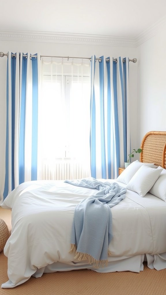 A bright bedroom with striped blue and white curtains, a white bed, and a cozy blue throw blanket.