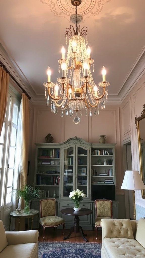 A vintage chandelier hangs elegantly in a stylishly decorated living room with soft lighting.