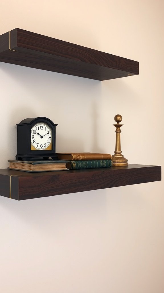 A vintage collector's shelf with a classic clock, books, and a decorative piece.