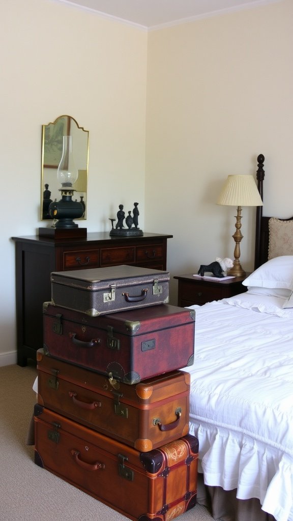 A stack of vintage trunks in a cozy bedroom setting.